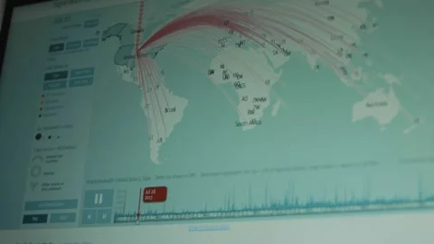 Global Cyber Attack timelapse on computer screen. World map showing the Stock Footage 272597882