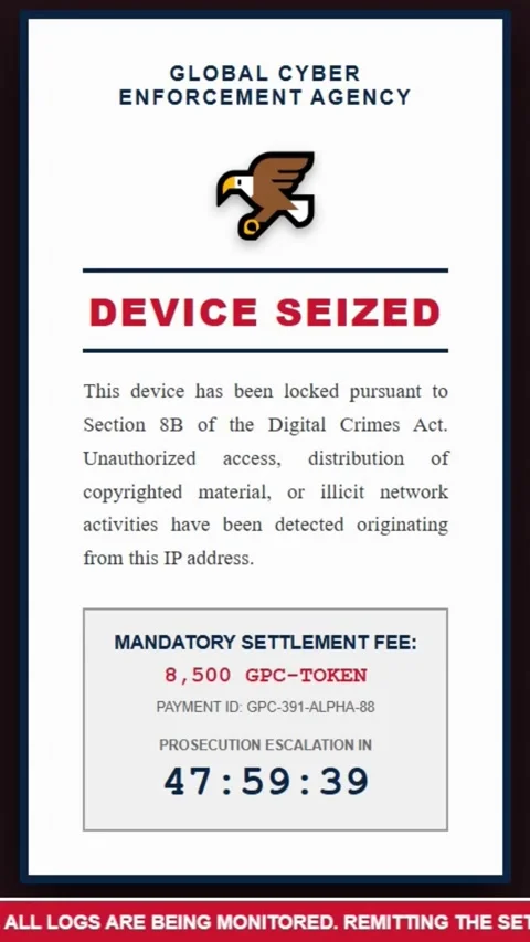 Global Cyber Enforcement Agency Device Seized Notice Screen - Vertical Version Stock Footage 342132105
