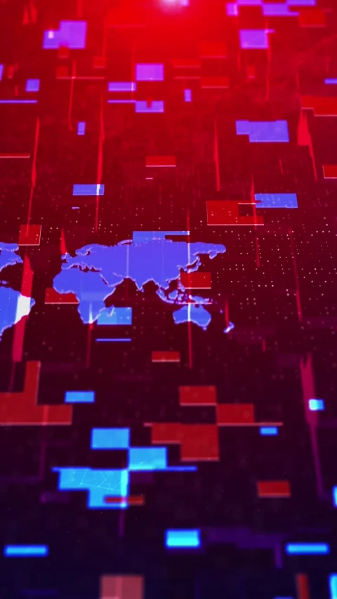Global cyber map data visual red and blue technology blocks, glowing world silho Stock Footage 340479872