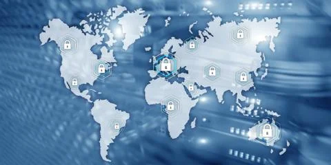 Global cyber security concept communication privacy data protection server room Stock Illustration