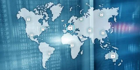 Global cyber security concept communication privacy data protection server room Stock Illustration