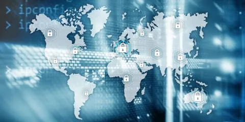 Global cyber security concept communication privacy data protection server room Stock Photos