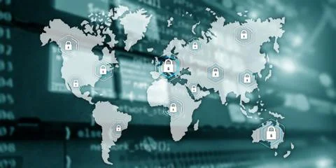 Global cyber security concept communication privacy data protection server room Stock Photos