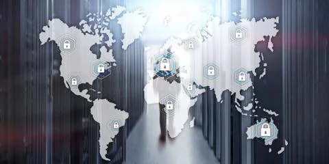 Global cyber security concept communication privacy data protection server room Stock Photos