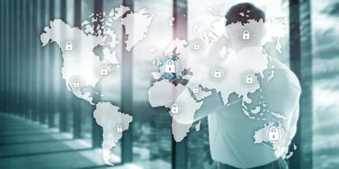 Global cyber security concept communication privacy data protection server room Stock Photos