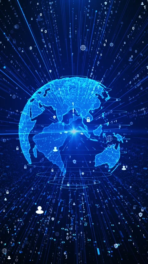 Global cyber security data globe binary streams, protection symbols, and bright Stock Footage 340478151