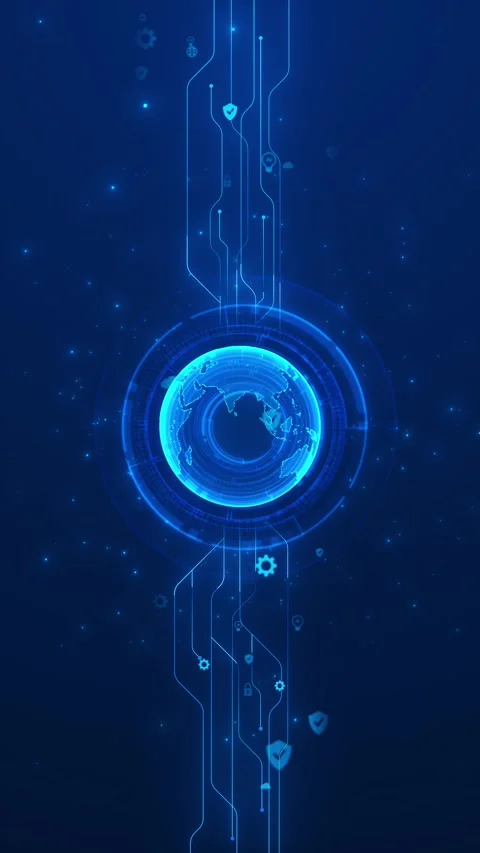 Global cyber security globe glowing earth, lock icons, circuit lines, and blue H Stock Footage 340526652