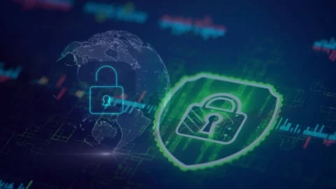 Global Cyber Security Shield and Digital Padlock Over Data Network Background Видео 336901037