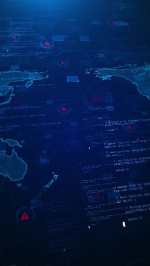 Global cyber threat map interface glowing blue continents, red warning symbols, Stock Footage 340456290