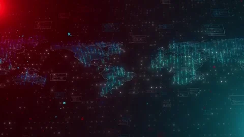 Global cyber threat map visual with teal continents, red alert lighting, floatin Stock Footage 340550216