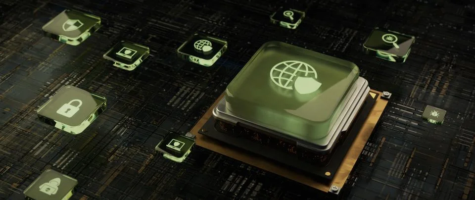 Global Cybersecurity Chip with Shield Globe and Data Security Icons on Circ.. 库存照片
