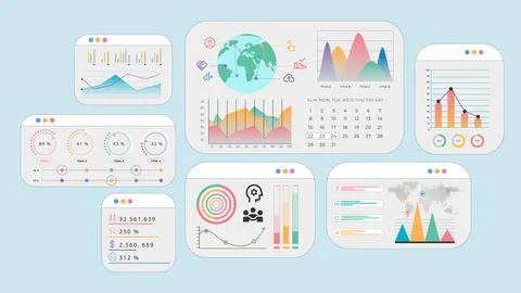 Global dashboard interface with calendar, data graphs, and international Stock Illustration