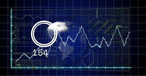 Global data analysis and statistics image over world map and graphs 库存插图