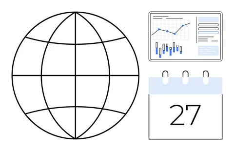 Global Data Analysis with Calendar Date and Graphical Financial Report Illustrazione stock