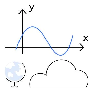 Global Data Analysis Concept with Globe, Cloud, and Graph on Coordinate Plane Stock Illustration