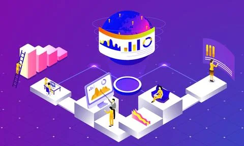 Global Data Analysis web template design, Miniature business people analysi.. Stock Illustration