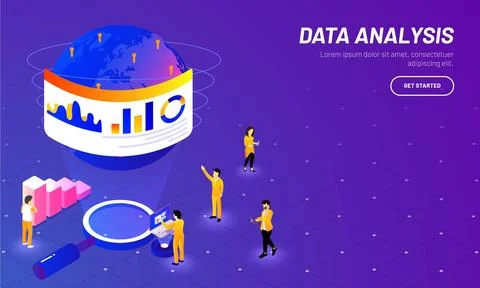 Global Data Analysis web template design, Miniature business people analysi.. Stock Illustration