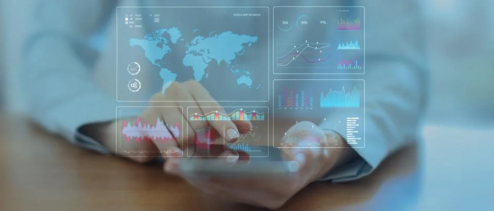 Global Data Analytics and Business Intelligence Dashboard Displayed on a Lapt Stock Photos