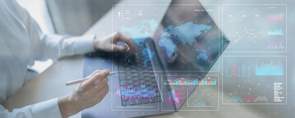 Global Data Analytics and Performance Visualization Dashboard for Business In Fotos de archivo