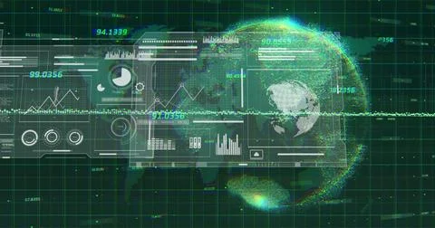 Global data analytics and statistics image over world map and digital grid 스톡 일러스트