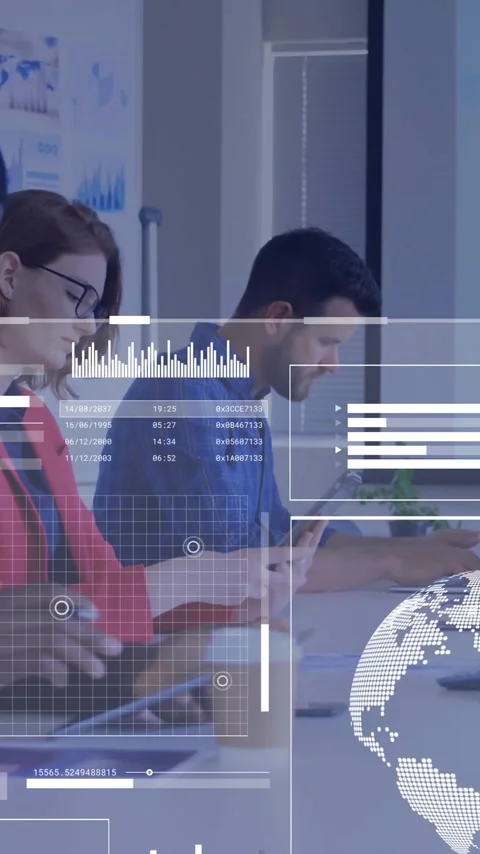 Global data analytics animation over diverse business people working in office Stock Footage 319976062