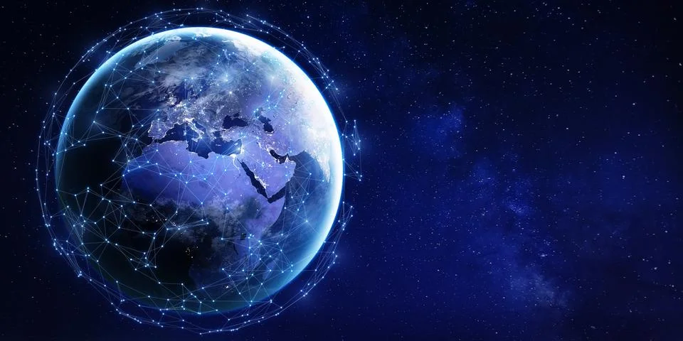 Global data communication network around planet Earth viewed from space wit.. Illustration