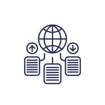 Global data exchange line icon with documents Stock Illustration