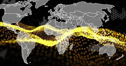 Global data flow image over world map with yellow and black dots Stockillustratie