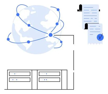 Global Data Management and Networking Concept With Document Verification Illustrazione stock