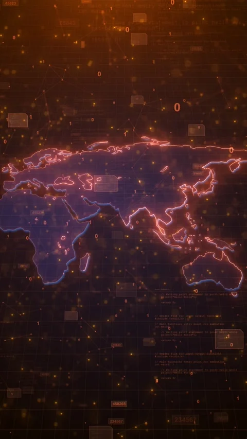 Global data map interface with neon outlines, coded numbers, warm particles Stock Footage 334128213