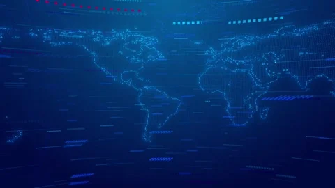 Global data map interface visual with blue dotted continents, dashboard lines, a Stock Footage 340550492