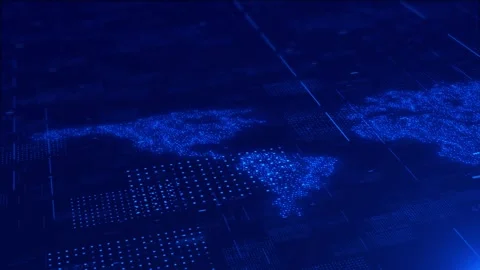 Global data map interface visual blue dotted continents, numeric overlays, dark Stock Footage 340557863