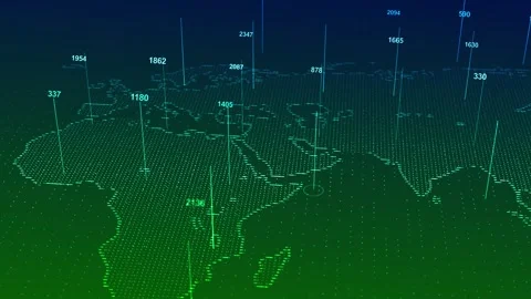 Global data map marker visual with green dotted land, cyan numeric pins, and dar Stock Footage 340549796