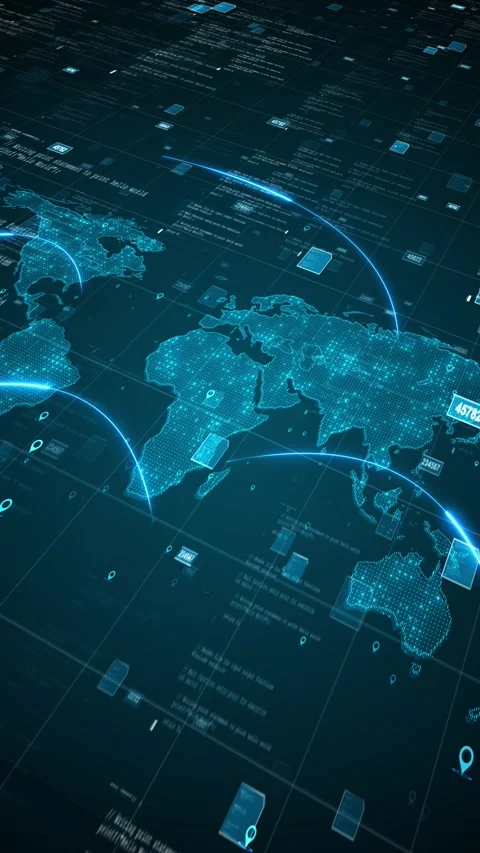 Global data map technology interface cyan continents, glowing paths, code overla Stock Footage 340478106