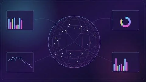 Global data network with analytics charts and pie graph on dark futuristic .. Stock Illustration