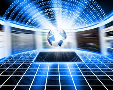 Global Data Network with Binary Code and Digital Laptop Stock Illustration