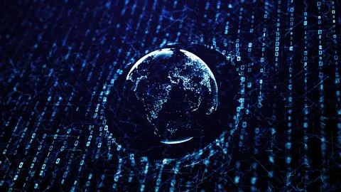 Global data network with blue glowing numbers and connecting lines perfect for Stock Illustration