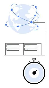 Global Data Network with Servers and Speed Timer Representing Optimization .. Stock Illustration