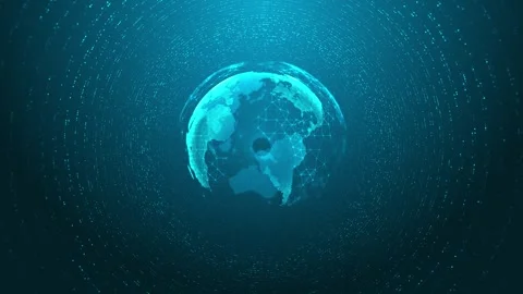 Global data network sphere visual teal Earth, circular particle field, and digit Stock Footage 340556711