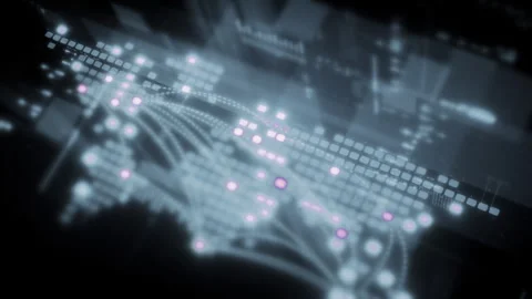 Global data network world map with matrix style grid, glowing HUD interface and Stockbeeldmateriaal 333523934