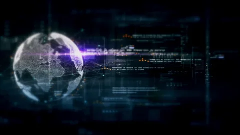 Global data network world map with matrix style grid, glowing HUD interface and Stock Footage 333523963