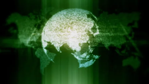 Global data network world map with matrix style grid, glowing HUD interface and Stock Footage 333523978