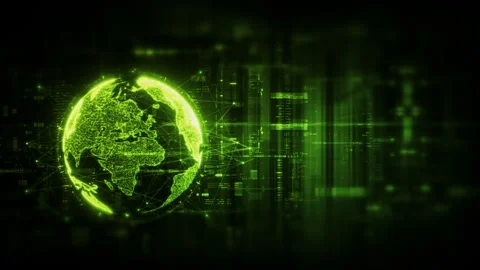Global data network world map with matrix style grid, glowing HUD interface and Stock Footage 333524011