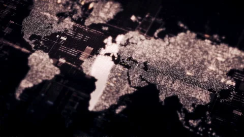Global data network world map with matrix style grid, glowing HUD interface and Vidéo 333524040