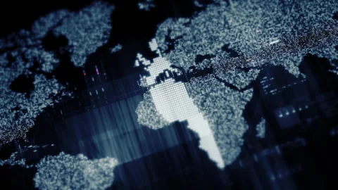 Global data network world map with matrix style grid, glowing HUD interface and Stock Footage 334046060