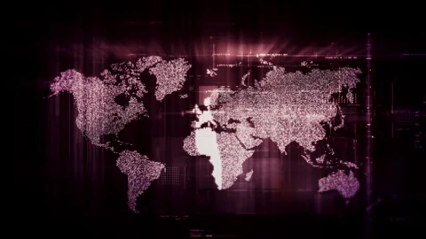 Global data network world map with matrix style grid, glowing HUD interface and Stock Footage 334046124