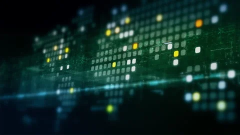 Global data network world map with matrix style grid, glowing HUD interface and Видео 334046214