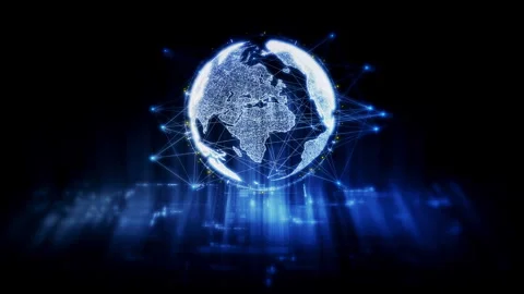 Global data network world map with matrix style grid, glowing HUD interface and Stock Footage 334046488