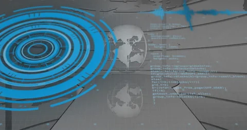 Global data processing animation over world map and coding interface Stock Footage 303616715