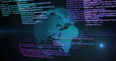 Global data processing animation over digital world map with programming code Stock Footage 305061954